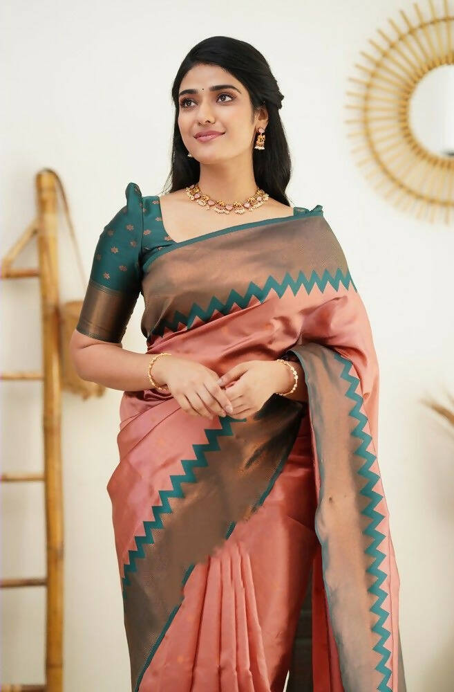 DEIANA'S Beautiful Designer Golden zari Soft Lichi Silk Saree - Peach