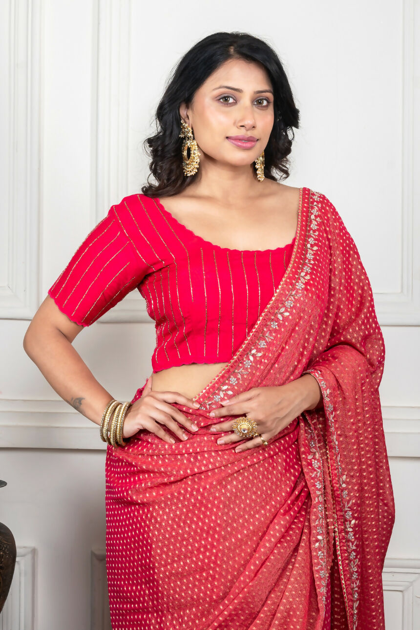 Morchari Pink Pure Chiffon Hand Embroidery Saree And Stitched Blouse - Distacart