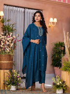 Juniper Women's Teal Thread Work Embroidered Viscose Kurta Pant And Dupatta Set With Buttons Work