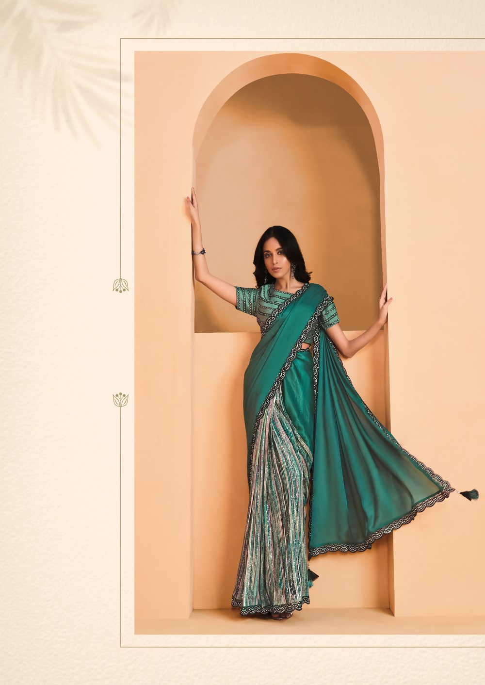 Sea Green Satin Crepe Silk Embroidery with Digital Sequence Work Saree - Norita Helly