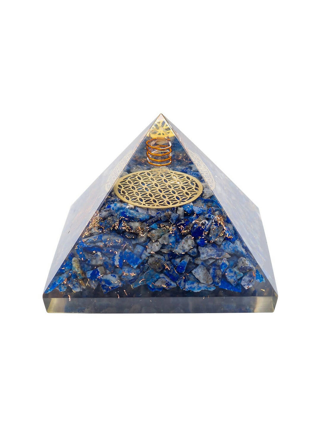 Golden Peacock Blue & Gold-Toned Lapis Lazuli Orgone Stone Pyramid Prism Paperweight