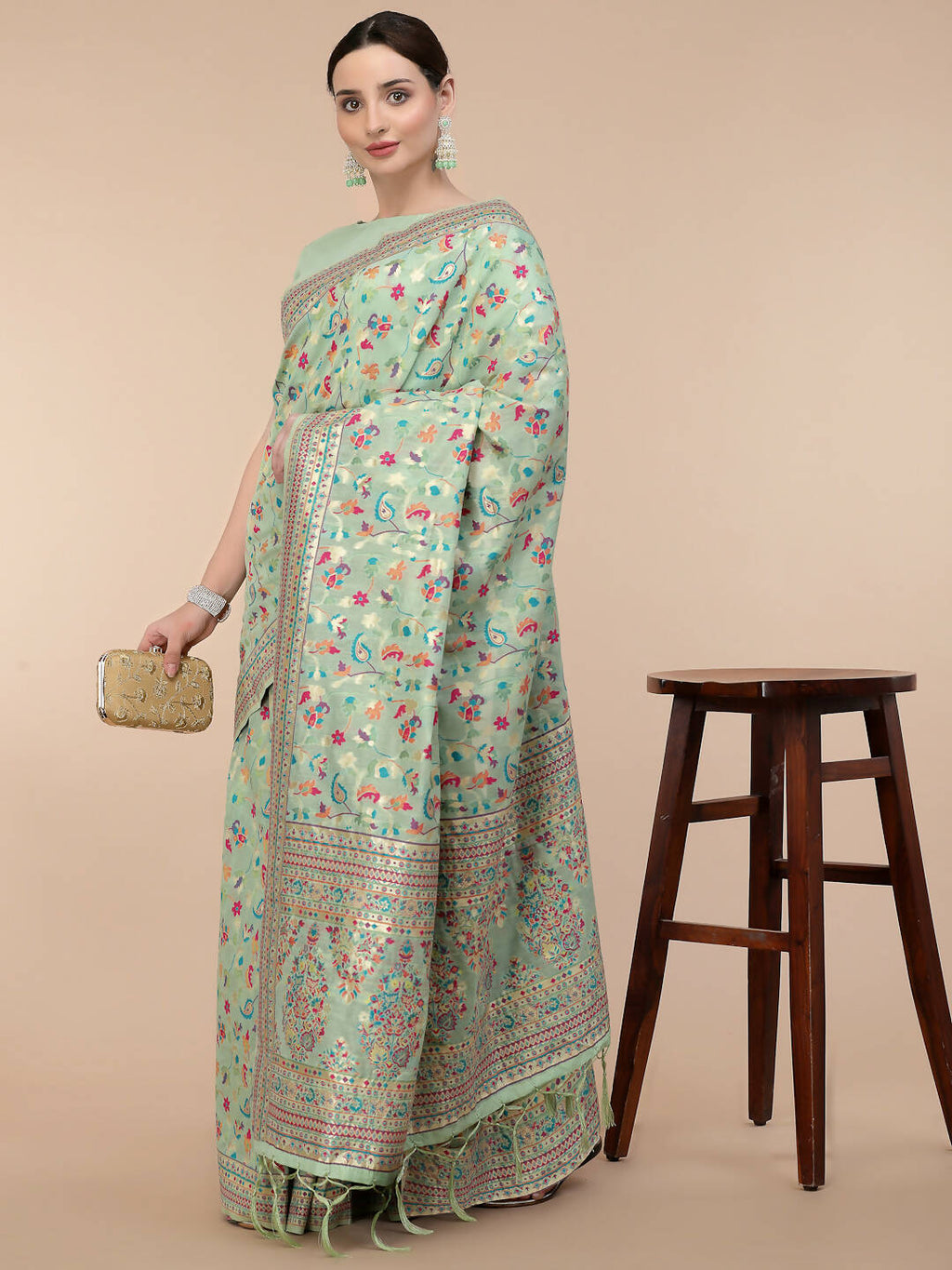 Sea Green Silk Blend Woven Design Saree With Unstitched Blouse Piece - Aloki