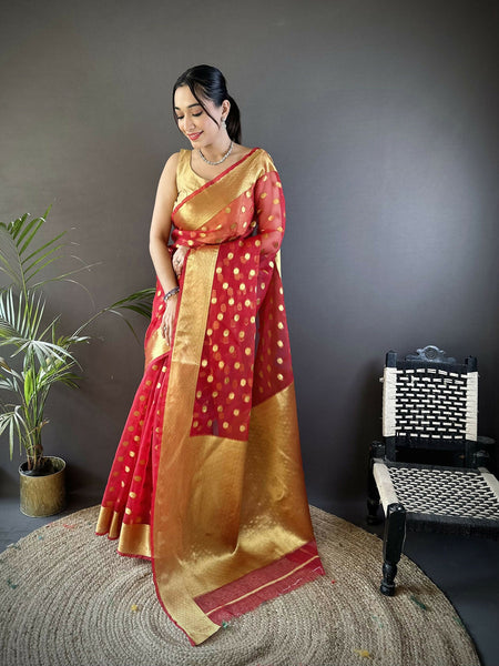 Joban Fashion Red Polka-Dot Zari Woven Organza Silk Banarasi Silk Saree