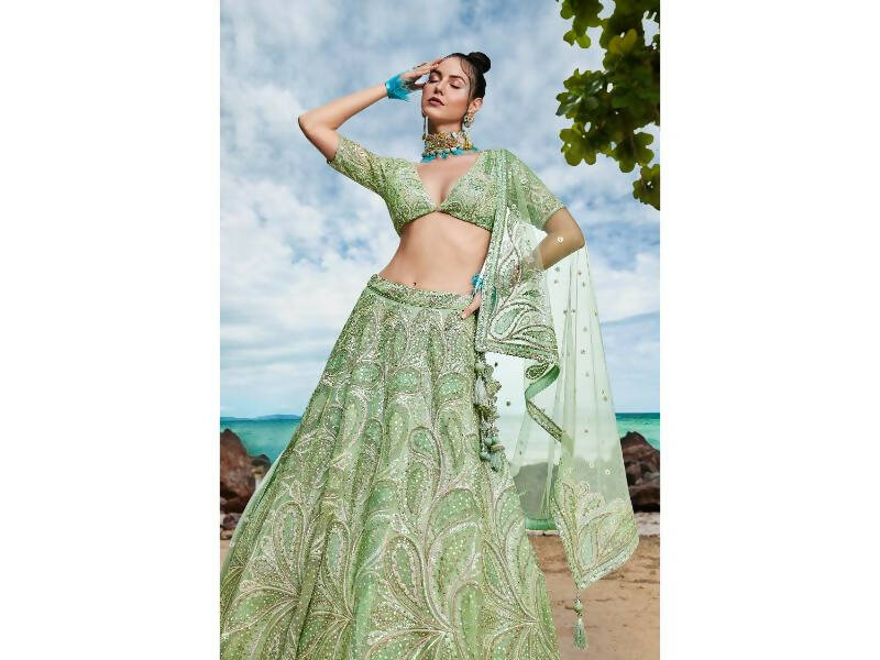House of Panchhi Lime green Net Multi Sequins with heavy Zarkan embroidery Lehenga choli & Dupatta