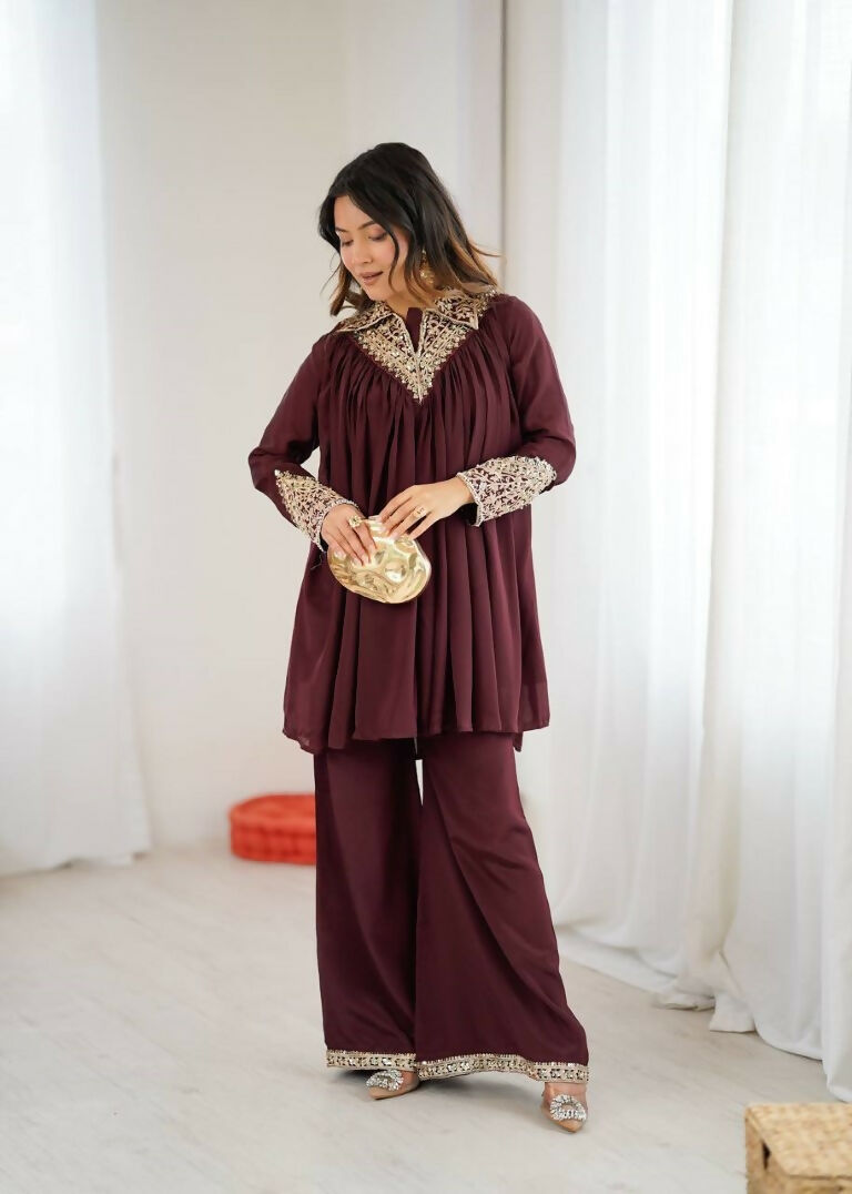 Teeya Creation Maroon Heavy Chinnon Silk Embroidery Work Plazo pair - Distacart