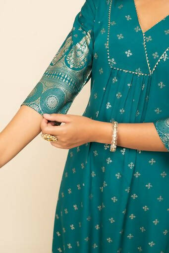 FIORRA Women's Teal Blue Crepe A-Line Kurta Pant with Dupatta