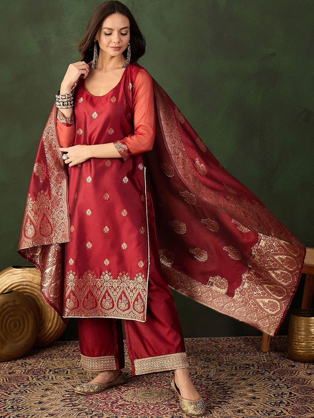 Sangria Woven Design Kurta & Palazzo With Dupatta