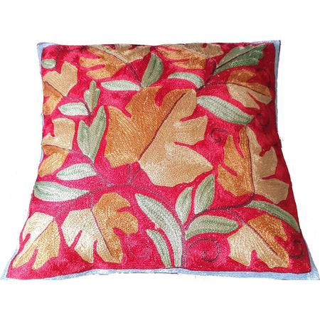The Decor Nook Hand Embroidered Crewel Cushion Covers in Mustard Chinar Leaf Motif with Red Base