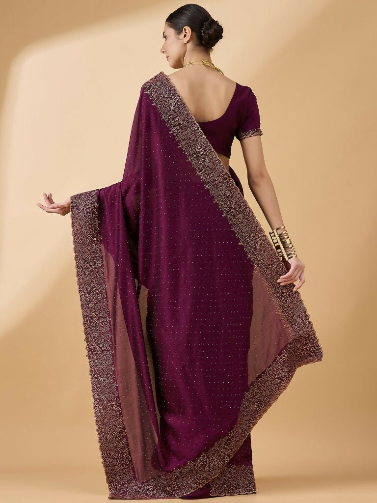 Purple Silk Blend Embroidered Saree with Unstitched Blouse - Vairagi