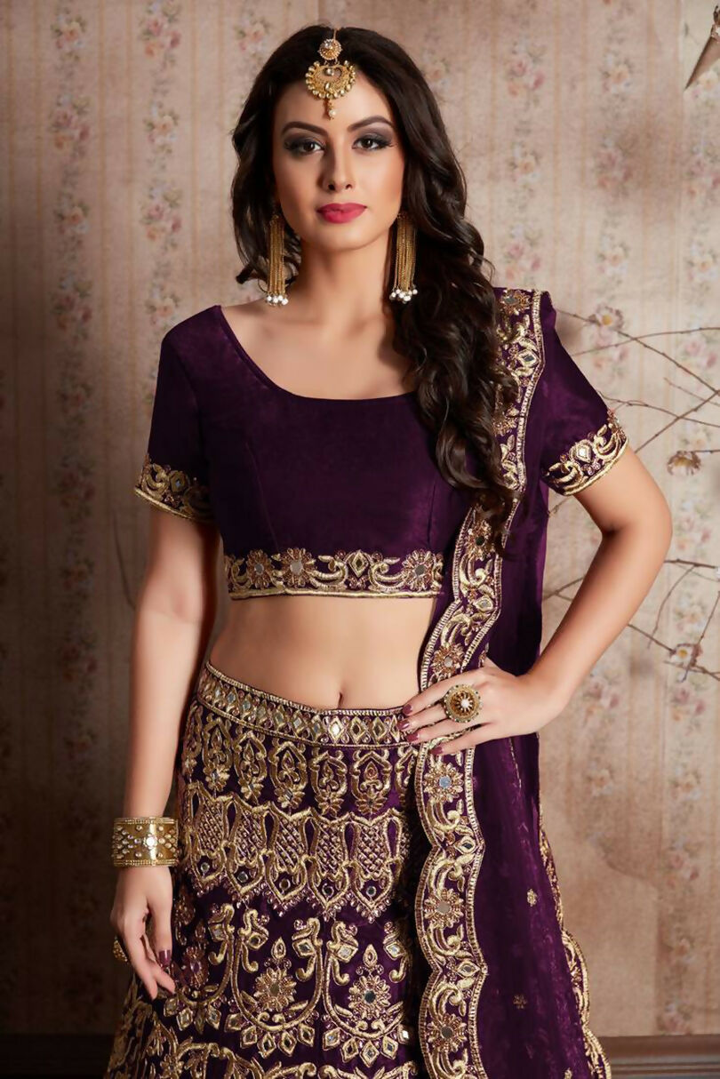 Jyoti Fashion Mesmerizing Wine Sequins Embroidered Velvet Lehenga Choli with Dupatta