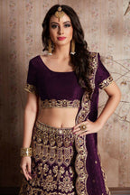 Jyoti Fashion Mesmerizing Wine Sequins Embroidered Velvet Lehenga Choli with Dupatta