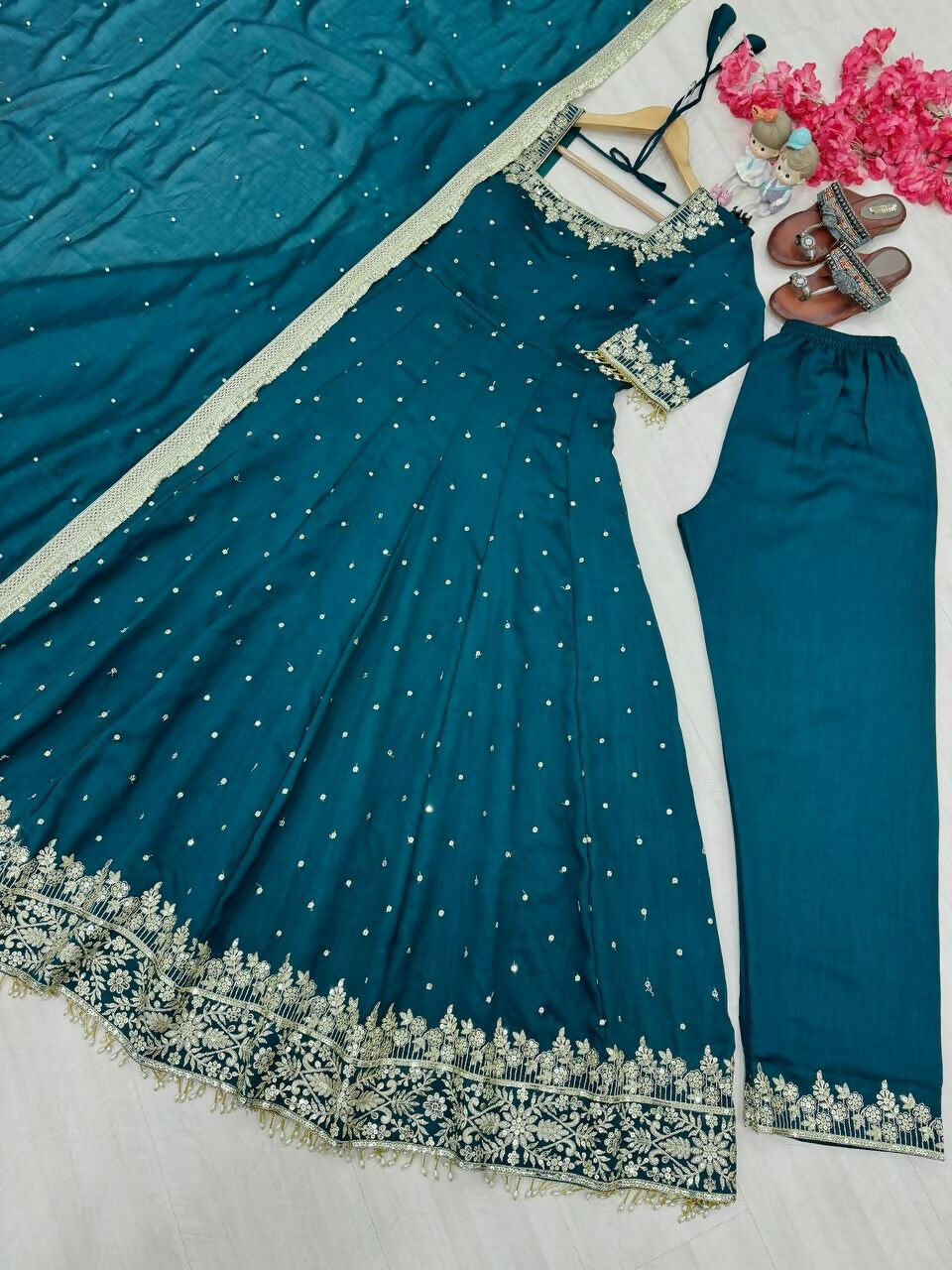 Teeya Creation Teal Color Pure Vichitra Silk Embroidery Work Party Wear Gown - Distacart