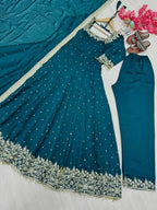 Teeya Creation Teal Color Pure Vichitra Silk Embroidery Work Party Wear Gown - Distacart