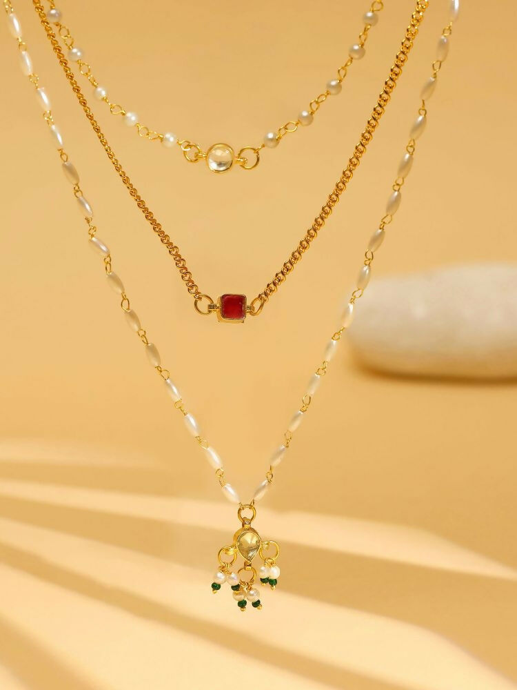 White and gold, Red Stone Kundan Necklace - Ruby Raang
