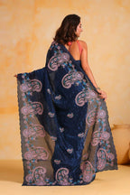 Vamsee Suhanisha Navy Blue Korean Shimmer Silk Saree