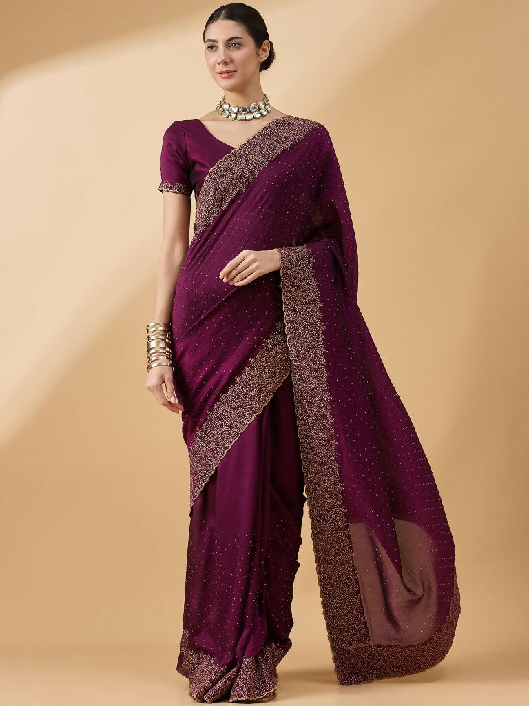 Purple Silk Blend Embroidered Saree with Unstitched Blouse - Vairagi