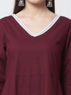 Myshka Burgandy Printed Cotton Full Sleeve V Neck Casual Kurta Dupatta Set
