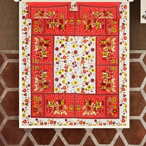 Vamika Printed Cotton Red & Multicolor Beautiful Design Bedsheet With Pillow Covers (LEOC_HTHY_R)