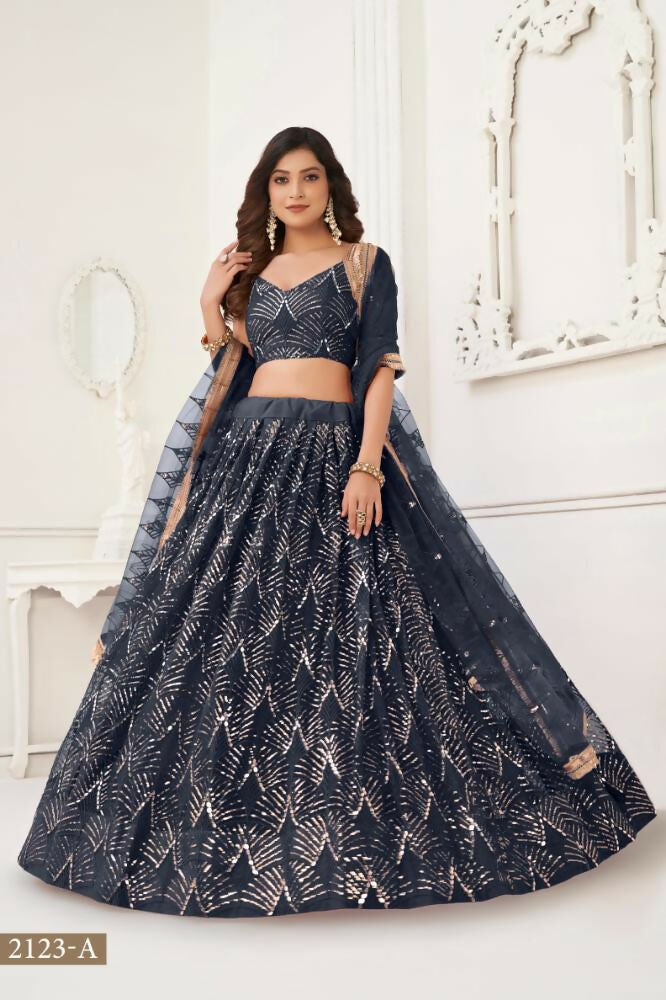 Aastha Fashion Black Butterfly Net Tone To Tone Thread Work, Sequence Work And Original Mirror Work Embroidery Wedding Wear Lehenga Choli