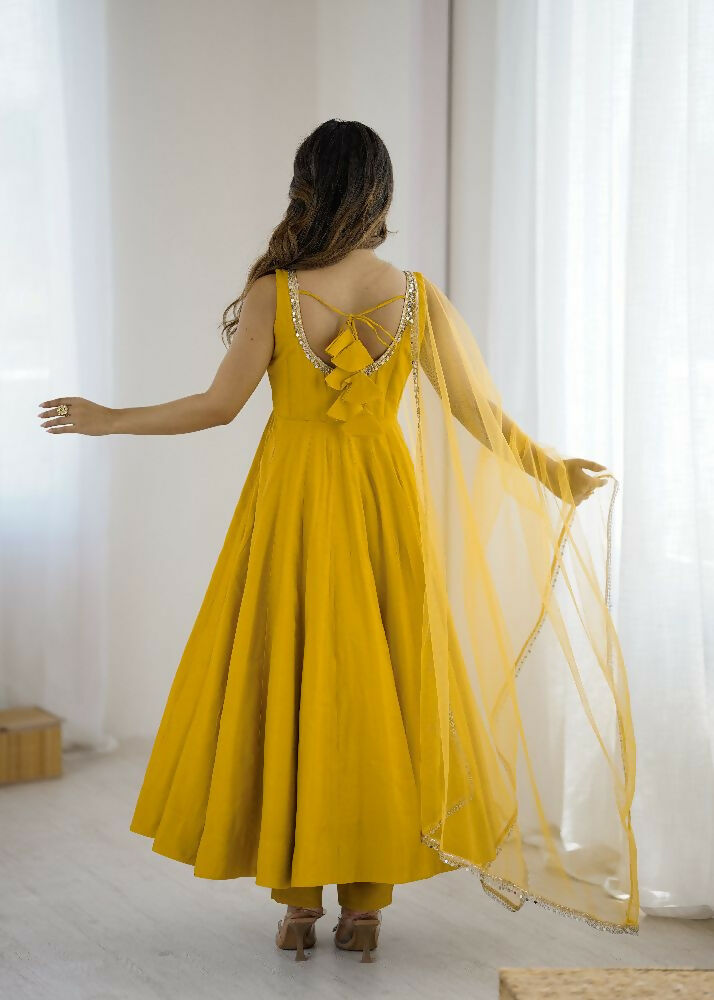 Joban Fashion Yellow Kurta Set Chanderi Sequence Embroidery Work - Distacart