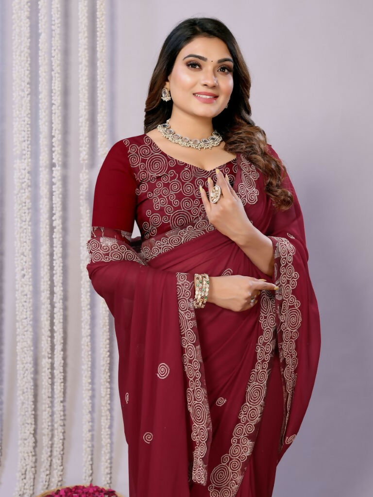 Maroon Silk Georgette Cord Embroidery Saree - Norita Saumya