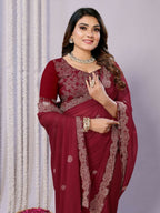Maroon Silk Georgette Cord Embroidery Saree - Norita Saumya