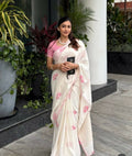 Prime Volt Women's Cream Floral Digital Print Soft Linen Saree With Lace Border & Blouse - Distacart