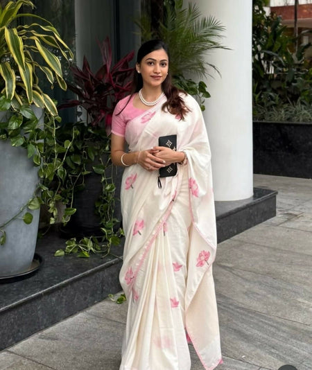 Prime Volt Women's Cream Floral Digital Print Soft Linen Saree With Lace Border & Blouse