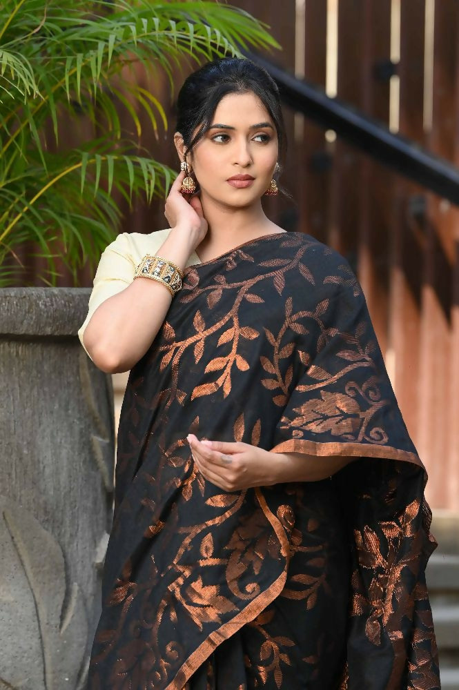 Beatitude Black Cotton Floral Jamdani Saree