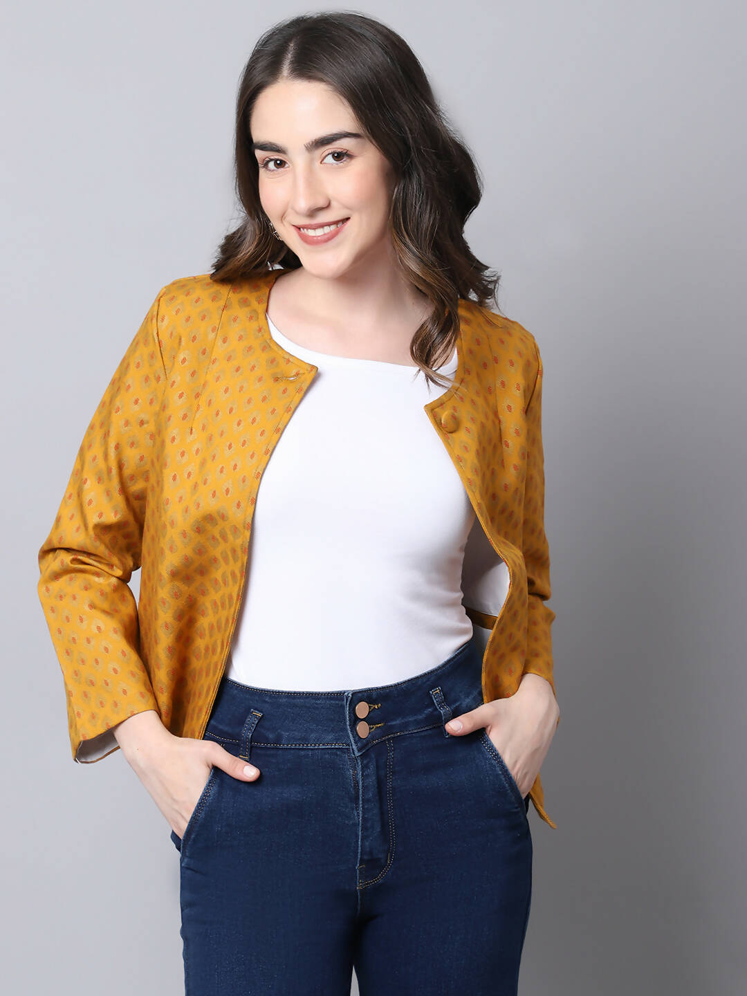 Even Apparels Yellow 100% Viscose Open Front Statement Women's Jacket