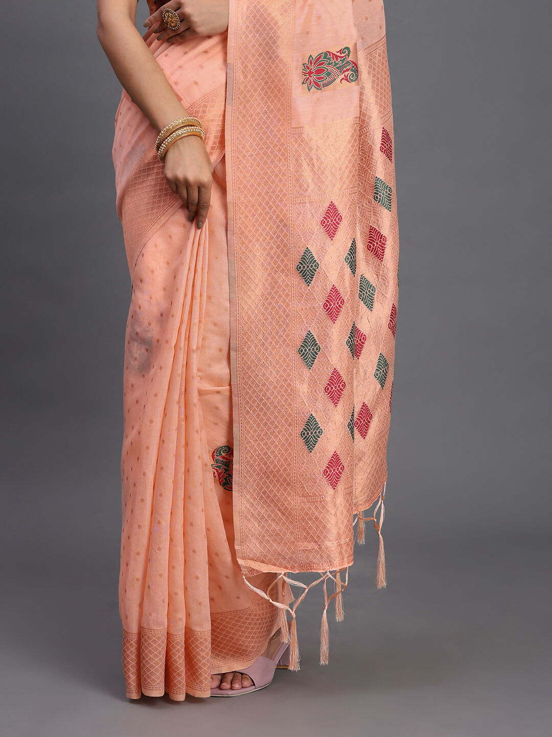 Shree Shyam Fashion Linen Cotton Peach Saree - Distacart