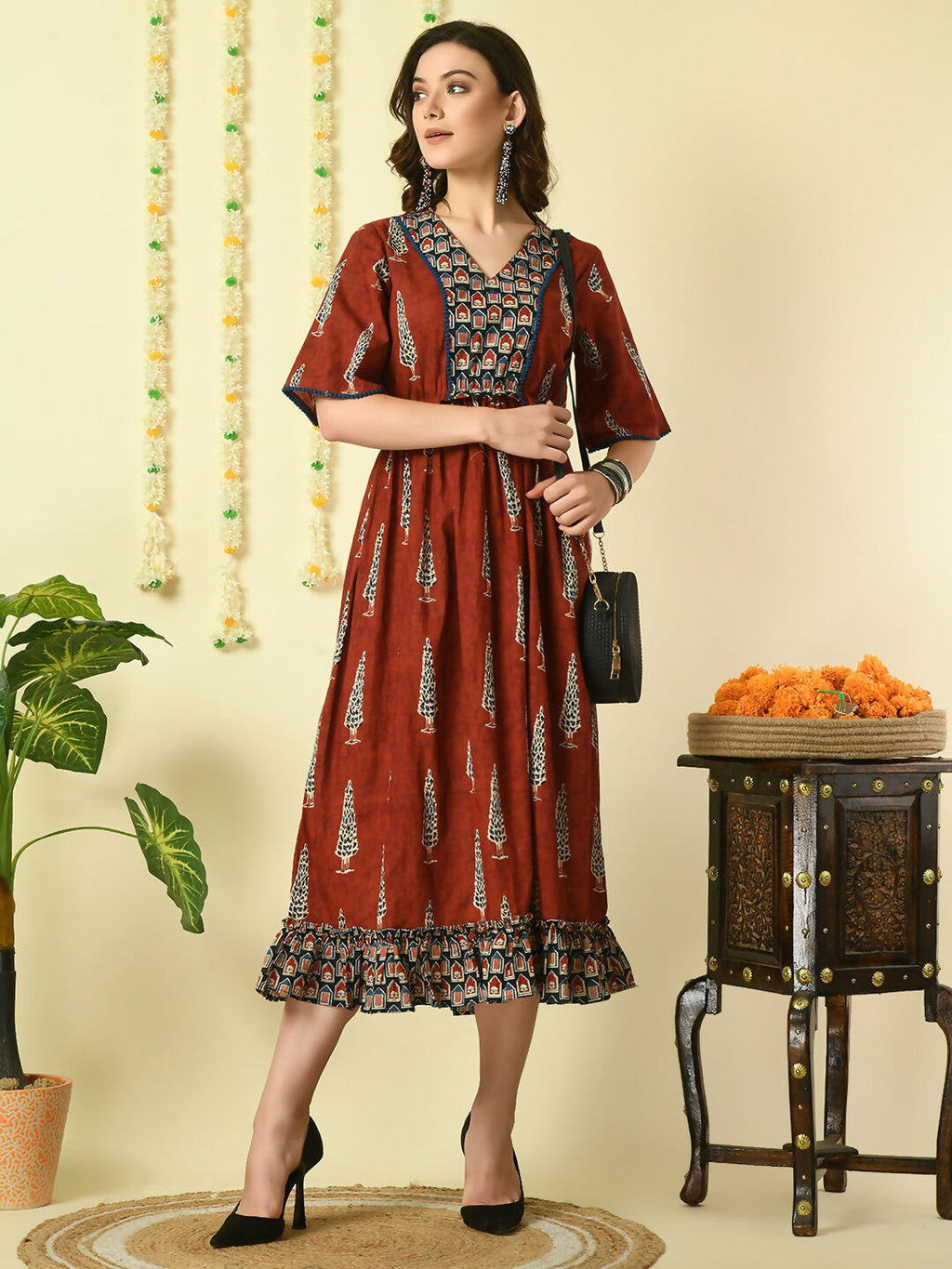 Myshka Women's Rust Printed Cotton Party Dress - Distacart