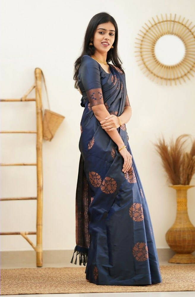 DEIANA'S Beautiful Designer Golden zari Soft Lichi Silk Saree - Navy Blue