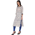 Kanoor Women's White and Blue Cotton Straight Kurti
