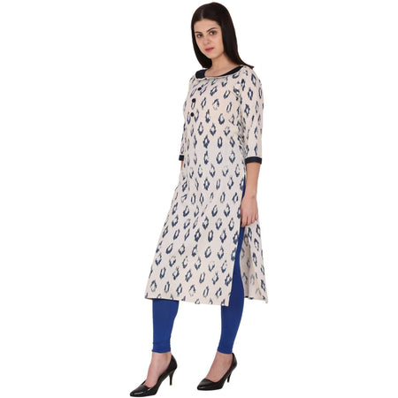 Kanoor Women's White and Blue Cotton Straight Kurti