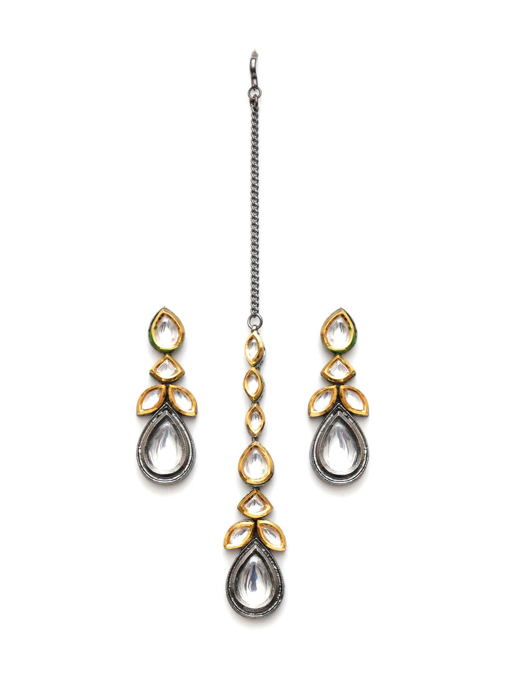 Dual Tone Kundan Maang Tikka with Earrings Jewellery Set (silver) - Ruby Raang