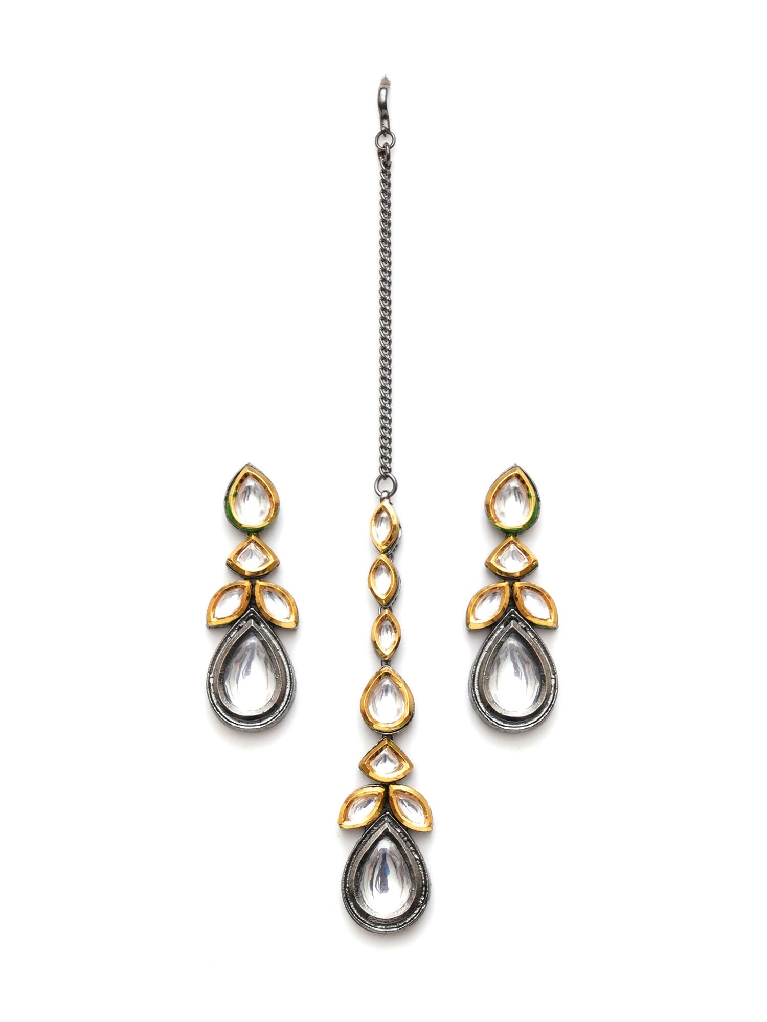 Dual Tone Kundan Maang Tikka with Earrings Jewellery Set (silver) - Ruby Raang