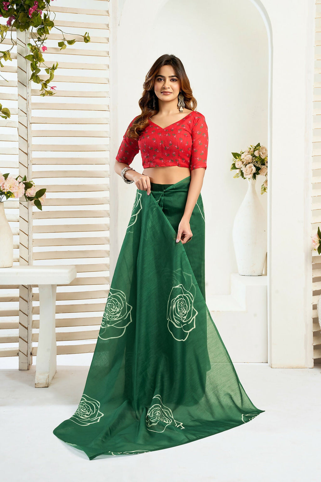 Vastranavya Green Digital Printed Linen Ready To Wear Designer Saree with Unstitched Blouse - Distacart