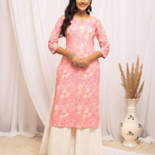FIORRA Women's Floral Printed Peach Cotton Straight Kurta