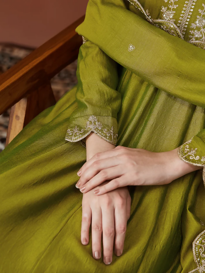 The52 Light Green Women's Beautiful Vichitra Silk Fabric Embroidered Work Flared Anarkali Pant and Dupatta Set - Distacart