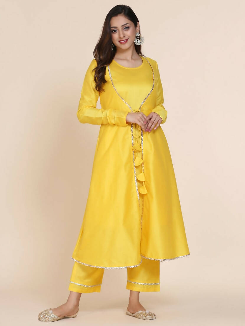 Cheera Women's Yellow Silk Blend With Gota Work Double Layer Dress With Silk Straight Pant Set