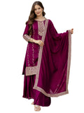 The52 Wine Beautiful Embroidered Vichitra Silk Fabric Straight Kurta, Palazzo and Dupatta Set - Distacart