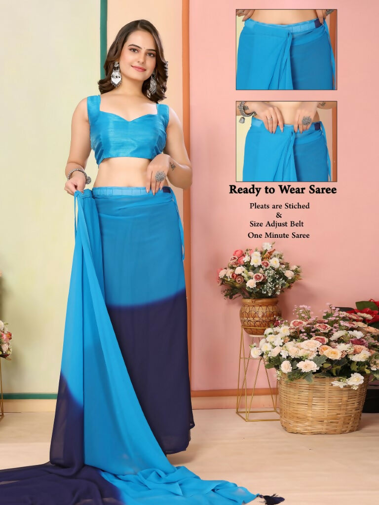Blue Georgette Pedding Color Printed Ready To Wear Saree - Aalaya