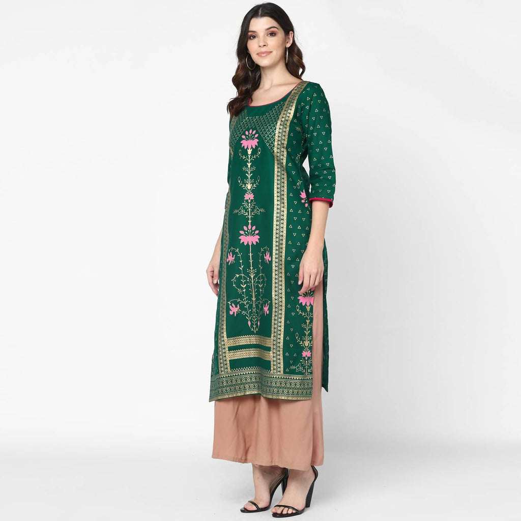 Cheera Hand Block Print Green & Skin Color Straight Kurta With Palazzo (MAAI-089K)