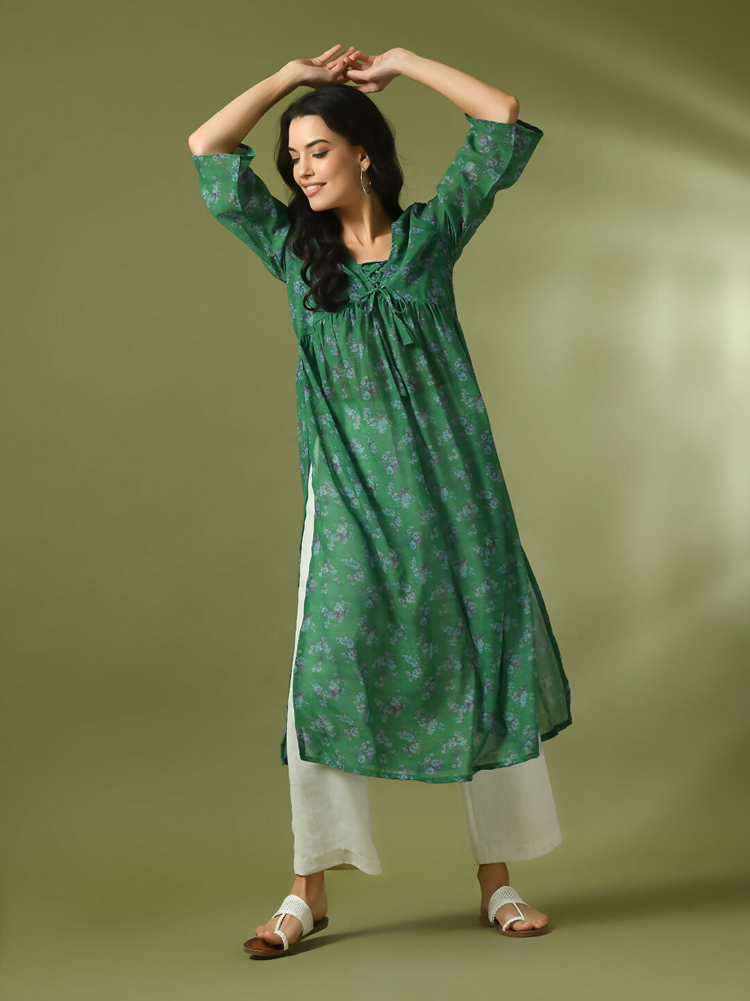 Myshka Women's Green Printed Georgette A-Line Nyra-cut Kurta