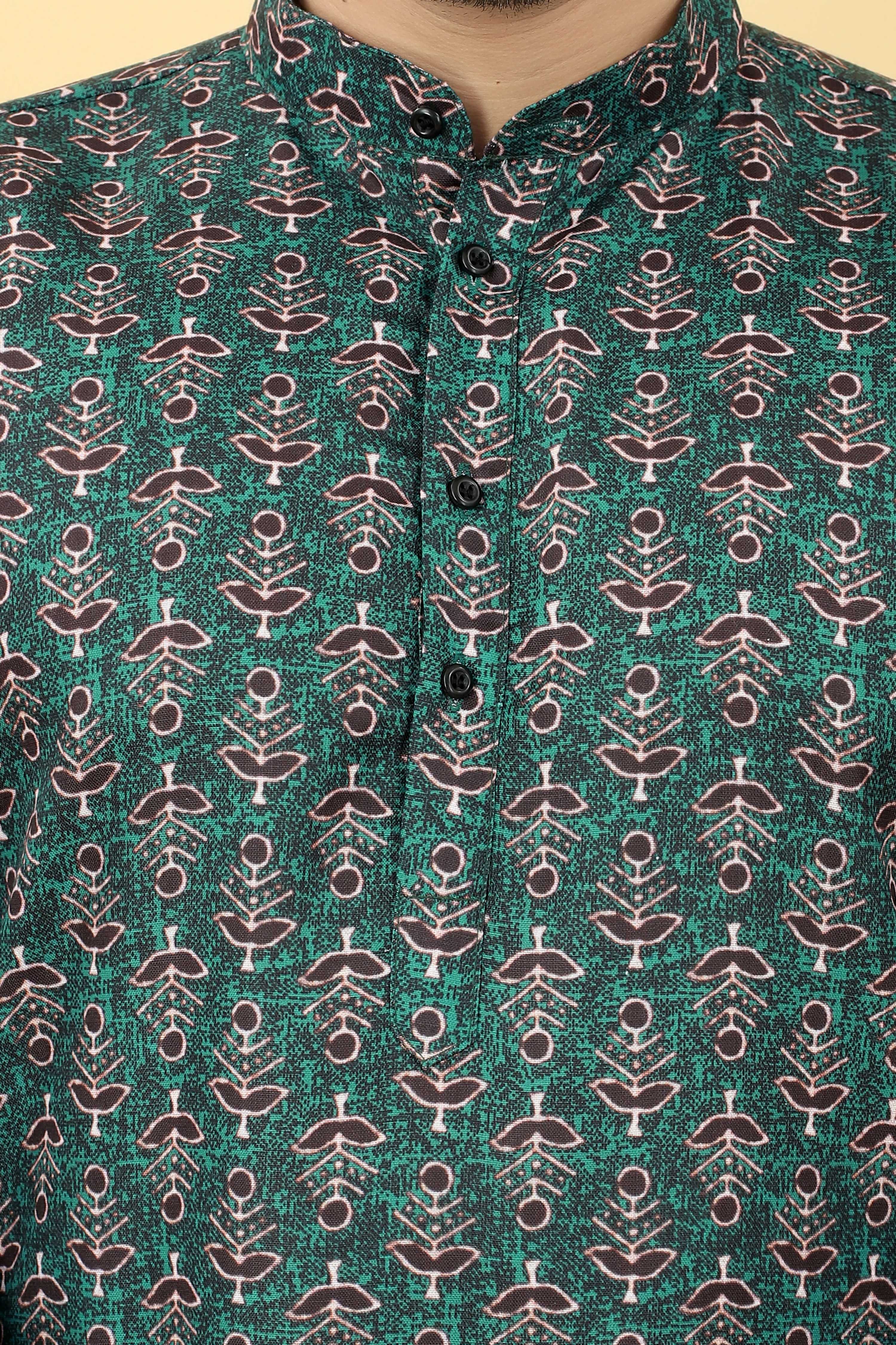 Teal Cotton Printed Men's Kurta - Mahotsav