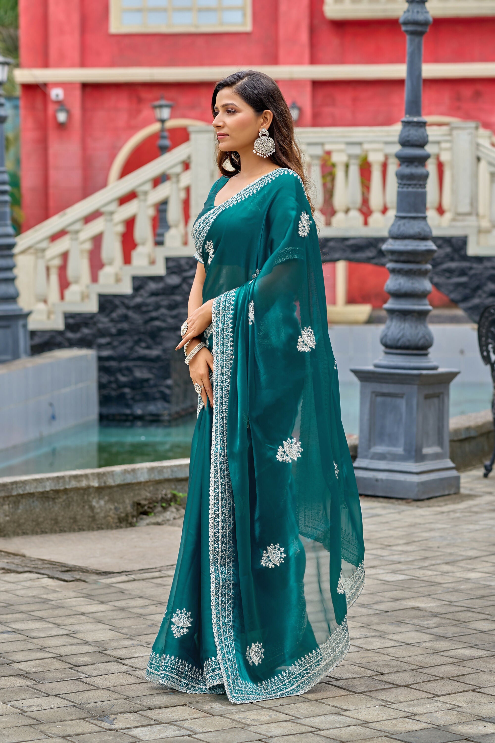 Vastranavya Rama Embroidery Work Shimmer Chiffon Saree with Unstitched Blouse - Distacart