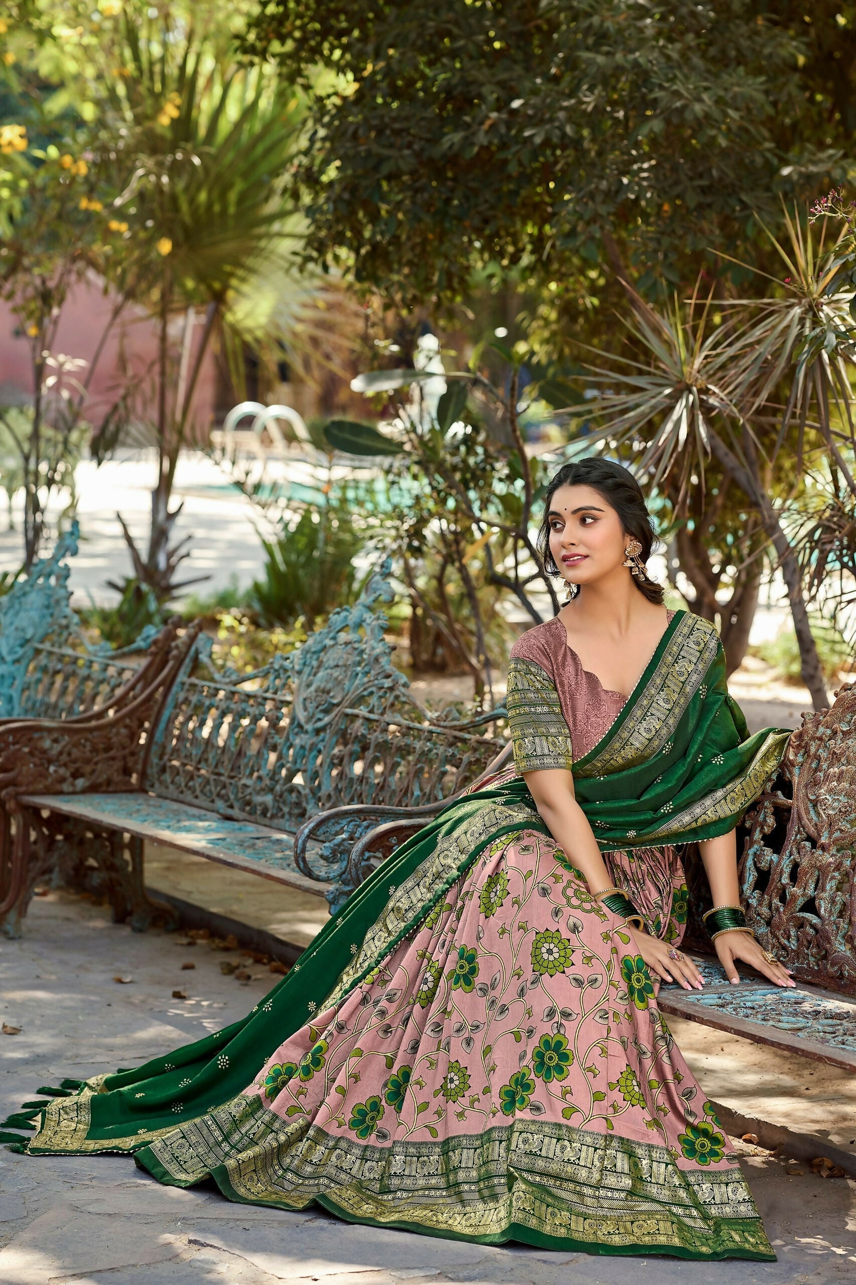 Vastranavya Kalamkari Print With Foil Print Lehenga with Unstitched Printed Blouse - Onion