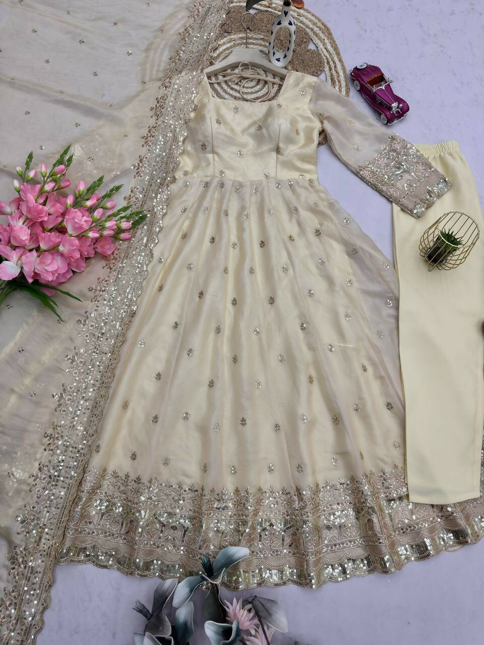 Teeya Creation White Fendy Silk Designer Heavy Work Wedding Wear Long Gown - Distacart