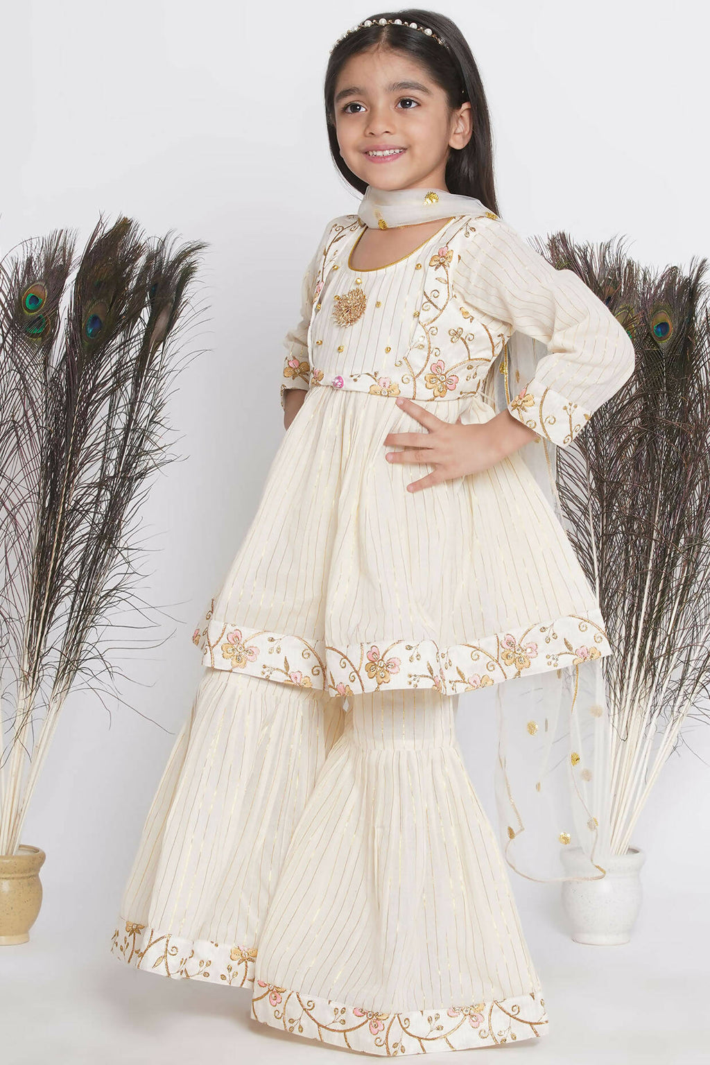 Little Bansi Floral Embroidery Jacket With Cotton Lurex Frock Sharara And Dupatta With Ghungroo Handwork - Cream